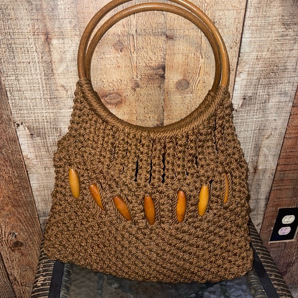 Vintage Crochet Macrame Purse Hand Bagsquare Lucite Handles GrannyCore Brown - Picture 1 of 4